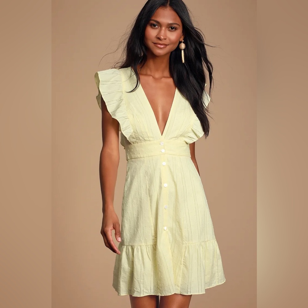 Daydreaming Of You Yellow Swiss Dot Button-Front Mini Dress